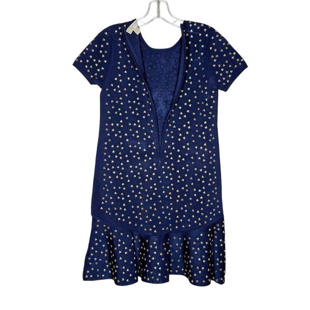 Michael Kors Blue Short Sleeve Studded Mini Dress Size XS Stretch Knit Flare - Picture 9 of 12
